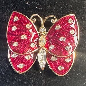 Judith Leiber, Swarovski Crystals Encrusted, Red Enamel, Gold Butterfly Brooch
